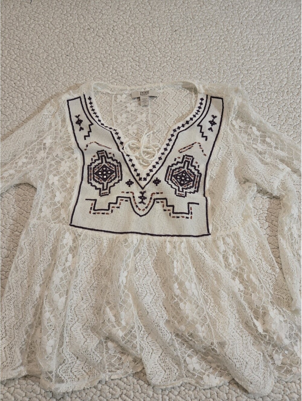Vintage America Women's White Lace Peplin Top Size L Cottage Western Boho